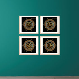 Set of four white 8x8" calligraphy frames arranged as a custom photo wall collage with black background art. - Pack of 4 Calligraphy Frames for Photo Wall Decoration - 8x8" / Black - Frame World