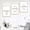 Set of 3 golden frames with inspirational typography quotes arranged in a custom collage on a white wall. - Set of 3 Typography Inspirational Quote Frames - 12x16 / Black - Frame World
