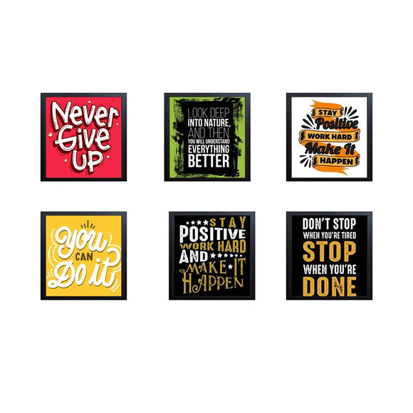 Six black square frames with motivational quote prints arranged in a collage for custom wall décor. - 6 Pcs Picture Frames Motivational Quotes For Wall Décor - 8x8" / Black - Frame World