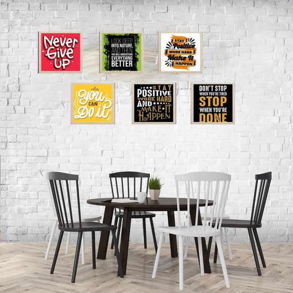 Set of six black and white framed motivational quote prints arranged as a collage on a white brick wall above a round wooden . - 6 Pcs Picture Frames Motivational Quotes For Wall Décor - 8x8" / Black - Frame World
