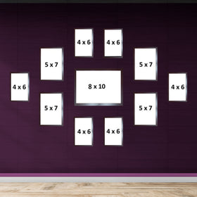 Set of 11 black custom collage frames in various sizes arranged on a dark wall. - Pack of 11 Frame Collage set, Picture frames Pack (8x10 inches * 1, 5 x 7 inches *4, 4 x 6  inches * 6) - Black - Frame World