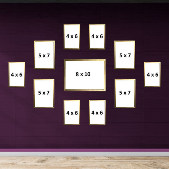 Golden wood collage set of 11 custom frames in various sizes arranged on dark wall. - Pack of 11 Frame Collage set, Picture frames Pack (8x10 inches * 1, 5 x 7 inches *4, 4 x 6  inches * 6) - Black - Frame World