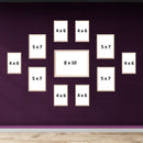White collage frame set with 11 custom frames in 8x10, 5x7, and 4x6 sizes on purple wall. - Pack of 11 Frame Collage set, Picture frames Pack (8x10 inches * 1, 5 x 7 inches *4, 4 x 6  inches * 6) - Black - Frame World