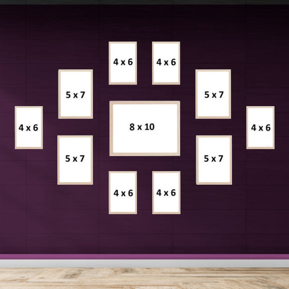White collage frame set with 11 custom frames in 8x10, 5x7, and 4x6 sizes on purple wall. - Pack of 11 Frame Collage set, Picture frames Pack (8x10 inches * 1, 5 x 7 inches *4, 4 x 6  inches * 6) - Black - Frame World