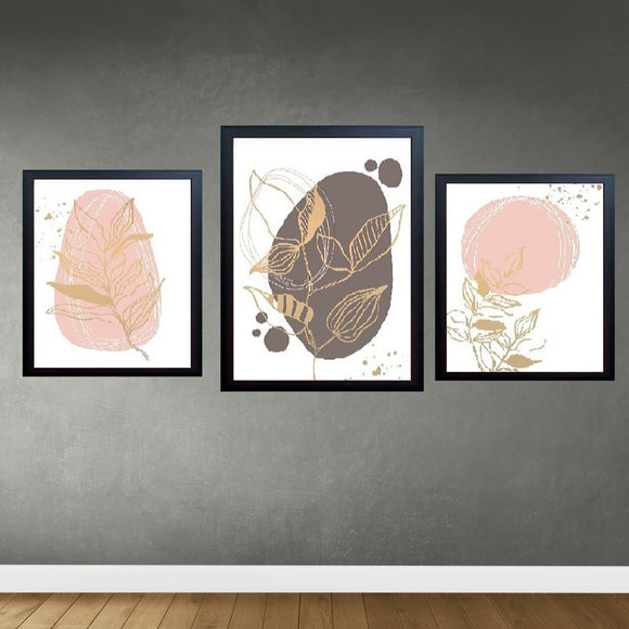 Set of 3 black collage frames with custom abstract botanical prints on gray wall. - Set of 3 Aesthetic Wall Decoration Photo Frames - Black - Frame World