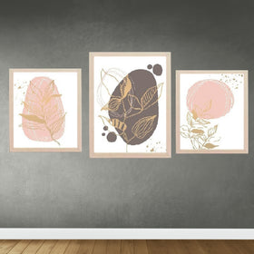 Set of 3 custom beige frames with abstract leaf and floral collage art against gray wall. - Set of 3 Aesthetic Wall Decoration Photo Frames - Black - Frame World