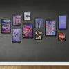Custom black frames collage with abstract purple and pink art in varied sizes on dark wall. - 10 pcs Abstract set, 12x16 2 pc, 10x14 3 pieces, 10x12 2 pieces, 8x10 3 piece - Black - Frame World