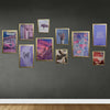 Custom collage of 10 golden frames in various sizes with abstract purple and pink artwork on dark wall. - 10 pcs Abstract set, 12x16 2 pc, 10x14 3 pieces, 10x12 2 pieces, 8x10 3 piece - Black - Frame World