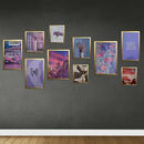 Custom collage of 10 golden frames in various sizes with abstract purple and pink artwork on dark wall. - 10 pcs Abstract set, 12x16 2 pc, 10x14 3 pieces, 10x12 2 pieces, 8x10 3 piece - Black - Frame World