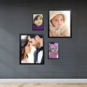 Black custom collage frames set with 10x12, 8x10, and two 5x7 sizes on gray wall. - Pack of 4 Collage set, 10x12 1 pc, 8x10 1 pc, 5x7 2 pcs - Black - Frame World