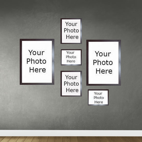 Black customizable collage frame set with six sleek, modern wall frames arranged on gray wall. - 6-Piece Wall Gallery Frame Set – Customizable Collage Display - Black - Frame World
