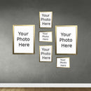 Golden frames collage with six customizable photo slots on gray wall. - 6-Piece Wall Gallery Frame Set – Customizable Collage Display - Black - Frame World