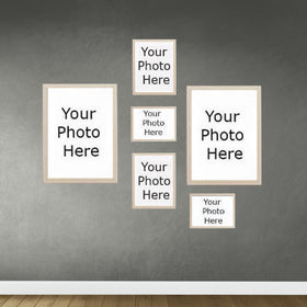 Six golden frames arranged as a customizable wall collage on a gray background. - 6-Piece Wall Gallery Frame Set – Customizable Collage Display - Black - Frame World