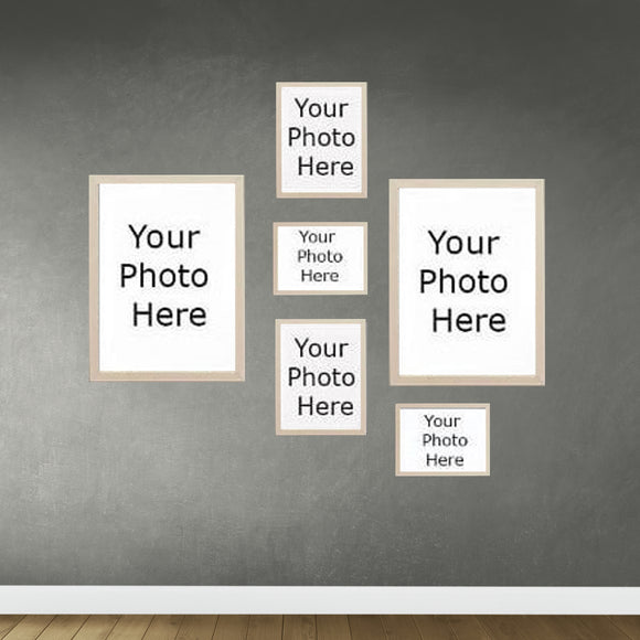 Six golden frames arranged as a customizable wall collage on a gray background. - 6-Piece Wall Gallery Frame Set – Customizable Collage Display - Black - Frame World