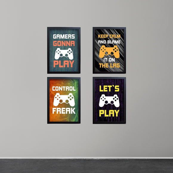 Black framed gaming collage set with custom gamer quotes and controller illustrations. - Boys' Gaming Wall Frame Set – 4-Piece Gamer Room Decor - Black / 6x8" - Frame World