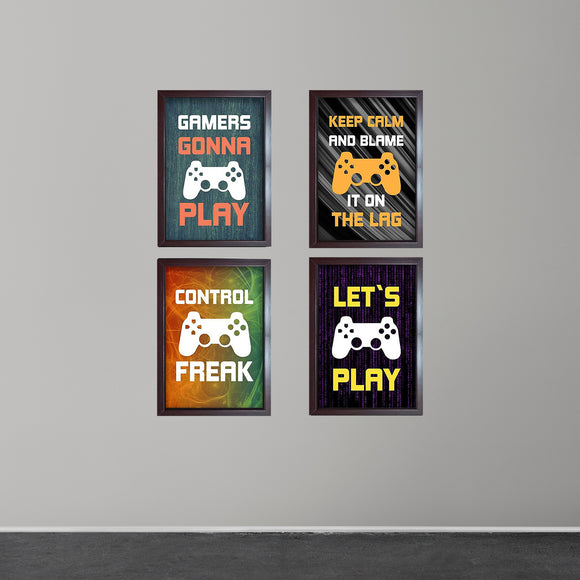 Black framed custom gaming collage set with four 6x8” prints featuring controllers and playful gamer phrases. - Boys' Gaming Wall Frame Set – 4-Piece Gamer Room Decor - Black / 6x8" - Frame World