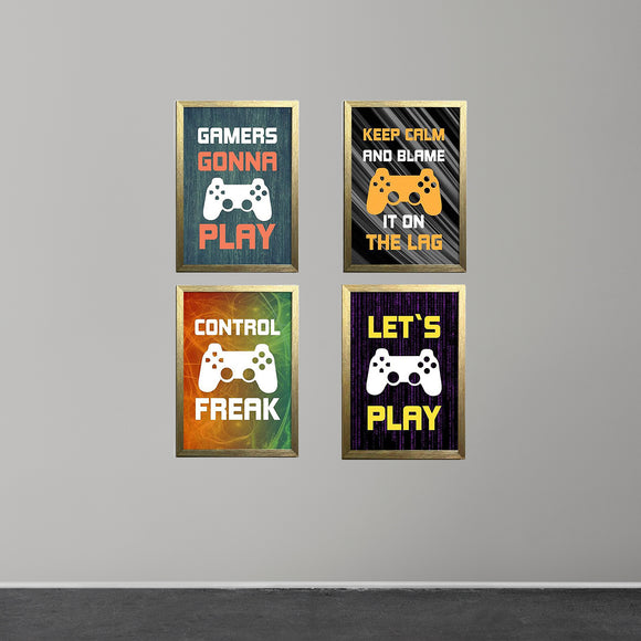 Four-piece gamer-themed wall frame collage with custom black and gold frames and colorful game controller designs. - Boys' Gaming Wall Frame Set – 4-Piece Gamer Room Decor - Black / 6x8" - Frame World