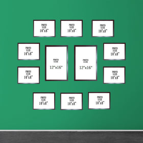 Black custom collage frames in various sizes arranged on a green wall, including 10x8 and 12x16 frames. - Pack of 12 Frame Collage set, Picture frames Pack - Black - Frame World