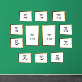 Set of 12 brown wooden frames arranged in a custom collage on green wall with various sizes. - Pack of 12 Frame Collage set, Picture frames Pack - Black - Frame World