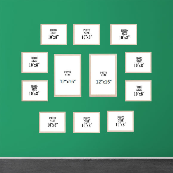 Set of 12 custom collage frames in black, white, golden, and brown on green wall. - Pack of 12 Frame Collage set, Picture frames Pack - Black - Frame World