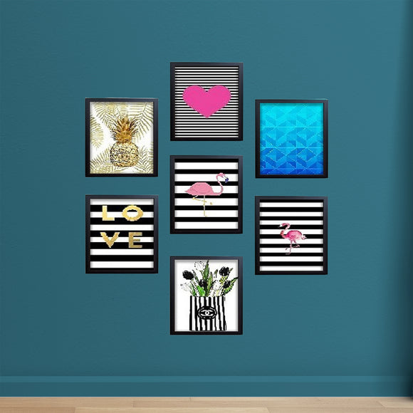 Black framed custom collage with seven abstract prints including pineapple, heart, flamingo, love text, feathers, and. - 7 Pcs Abstract Room Decor Frame set, Glass front Wall Picture Frames, Living Room Decor, Bedroom Frames - Black / 6x8" / 1 - Frame World