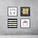 Four-piece custom collage wall art set with black framed glass, featuring headphones, motivational quotes, and perfume. - Makeup & Headphones Wall Art Set – 4-Piece Glass Frame Decor - 8x8" / Black - Frame World