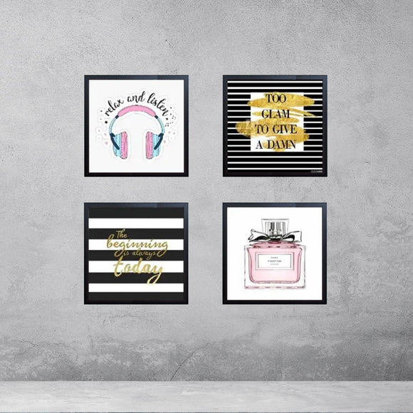 Four-piece custom collage wall art set with black framed glass, featuring headphones, motivational quotes, and perfume. - Makeup & Headphones Wall Art Set – 4-Piece Glass Frame Decor - 8x8" / Black - Frame World