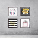 Four-piece custom wall art collage with black frames featuring headphones, bold text, and makeup bottle designs on white and . - Makeup & Headphones Wall Art Set – 4-Piece Glass Frame Decor - 8x8" / Black - Frame World