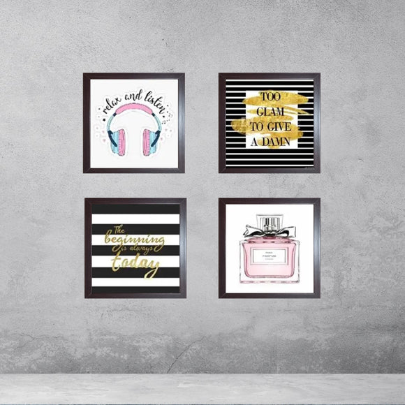 Four-piece custom wall art collage with black frames featuring headphones, bold text, and makeup bottle designs on white and . - Makeup & Headphones Wall Art Set – 4-Piece Glass Frame Decor - 8x8" / Black - Frame World
