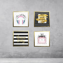 Set of four custom glass frames featuring a makeup and headphones collage with black, white, and gold accents. - Makeup & Headphones Wall Art Set – 4-Piece Glass Frame Decor - 8x8" / Black - Frame World