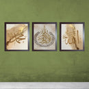 3-piece black frames collage featuring golden Islamic calligraphy on textured beige backgrounds, customizable wall decor. - 3-Piece Islamic Calligraphy Art Frame Set – Customizable Wall Decor - 8x12 / Black - Frame World