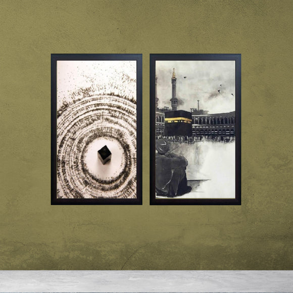 Two black custom frames collage featuring artistic Kaaba images on a muted olive wall. - 2 pcs Islamic Kaaba Frames - 8x12 / Black - Frame World