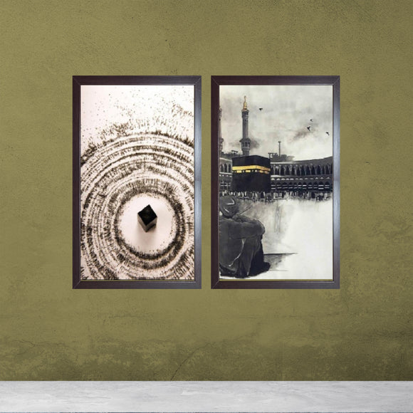 Set of 2 custom black Islamic Kaaba frames featuring artistic collage designs. - 2 pcs Islamic Kaaba Frames - 8x12 / Black - Frame World