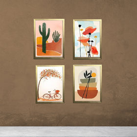 Set of four golden frames with colorful abstract and botanical art collage on brown wall. - 4 pcs Abstract Frame set - 8x12" / Black - Frame World