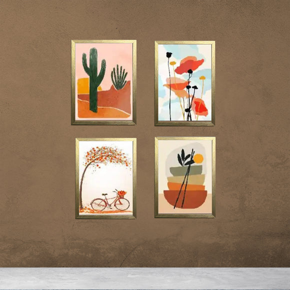 Set of four golden frames with colorful abstract and botanical art collage on brown wall. - 4 pcs Abstract Frame set - 8x12" / Black - Frame World