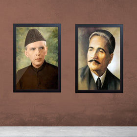 Black framed custom collage featuring portraits of Allama Iqbal and Quaid e Azam on brown wall. - 2 pc Allama iqbal, Quaid e Azam Frames - 12x16 / Black - Frame World