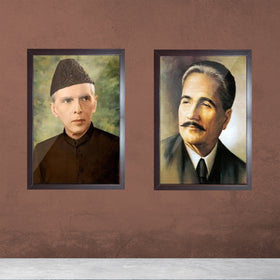 Custom 2 pc collage of Allama Iqbal and Quaid e Azam portraits in black frames against brown wall. - 2 pc Allama iqbal, Quaid e Azam Frames - 12x16 / Black - Frame World