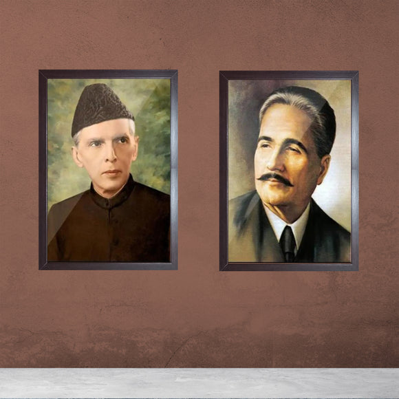 Custom 2 pc collage of Allama Iqbal and Quaid e Azam portraits in black frames against brown wall. - 2 pc Allama iqbal, Quaid e Azam Frames - 12x16 / Black - Frame World