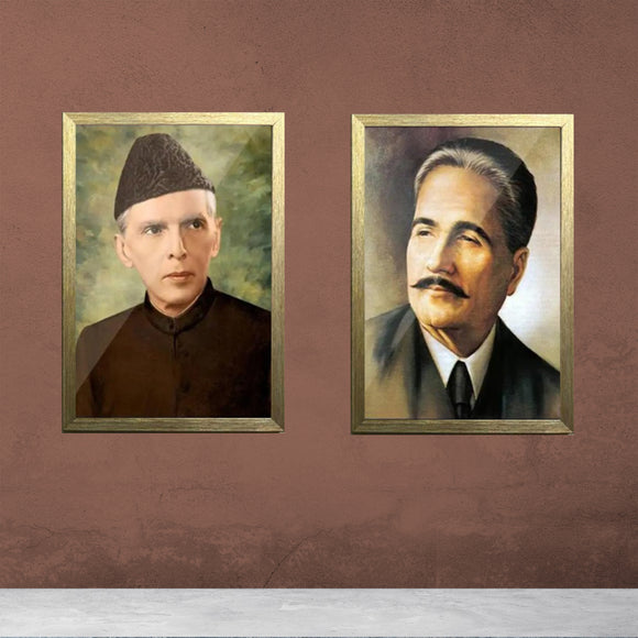 Golden frames collage featuring custom portraits of Allama Iqbal and Quaid e Azam on brown wall. - 2 pc Allama iqbal, Quaid e Azam Frames - 12x16 / Black - Frame World