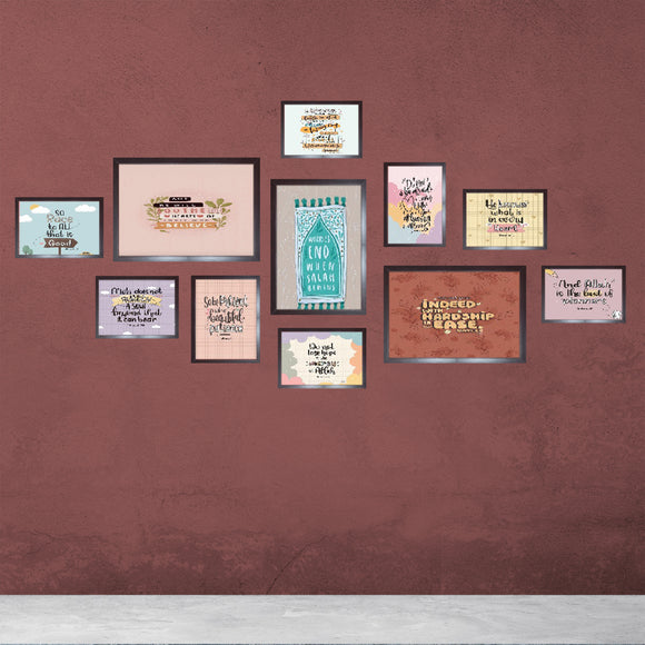 Custom black-framed Islamic glass collage with 11 frames in various sizes and calligraphy designs. - 11 Pcs Islamic Glass Frame set, (3X 8x12", 8X 5x7") - Black - Frame World