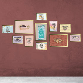 11-piece custom Islamic glass frame collage in gold and pastel colors with Arabic calligraphy. - 11 Pcs Islamic Glass Frame set, (3X 8x12", 8X 5x7") - Black - Frame World