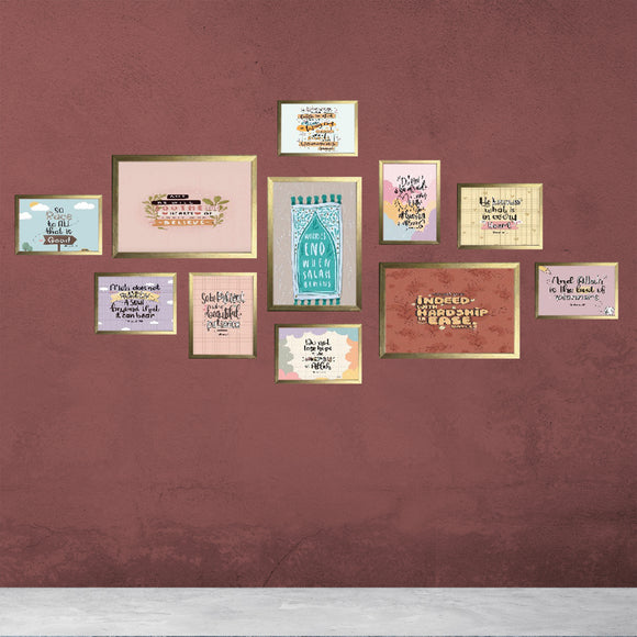 11-piece custom Islamic glass frame collage in gold and pastel colors with Arabic calligraphy. - 11 Pcs Islamic Glass Frame set, (3X 8x12", 8X 5x7") - Black - Frame World