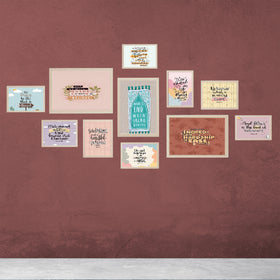 Custom Islamic glass frame collage set with 11 pieces in various sizes and soft pastel colors on a textured wall. - 11 Pcs Islamic Glass Frame set, (3X 8x12", 8X 5x7") - Black - Frame World