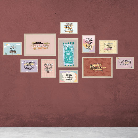 Custom Islamic glass frame collage set with 11 pieces in various sizes and soft pastel colors on a textured wall. - 11 Pcs Islamic Glass Frame set, (3X 8x12", 8X 5x7") - Black - Frame World