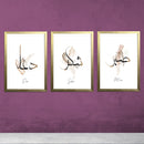 Set of three Islamic calligraphy frames with "Sabar," "Shukar," and "Dua" in gold wooden frames on purple wall background