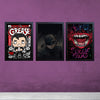 Three black framed boys gaming room wall frames featuring Grease, Batman, and Suicide Squad artwork on purple wall