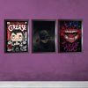 Set of three boys gaming room frames featuring Grease, Batman, and Suicide Squad artwork on purple wall