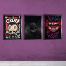 Set of three boys gaming room frames featuring Grease, Batman, and Suicide Squad artwork on purple wall