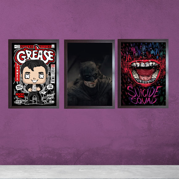 Set of three boys gaming room frames featuring Grease, Batman, and Suicide Squad artwork on purple wall