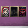 Set of three boys gaming-themed frames featuring Grease, Batman, and Suicide Squad posters on purple wall